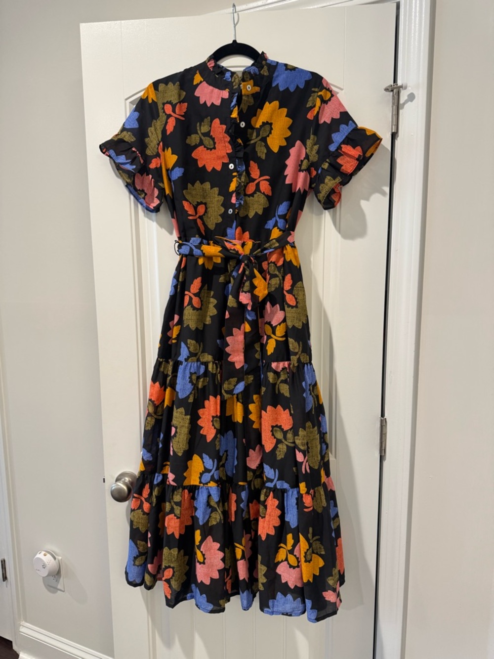Floral Tiered Button-Front Midi Dress in Black with Multicolor Flowers
